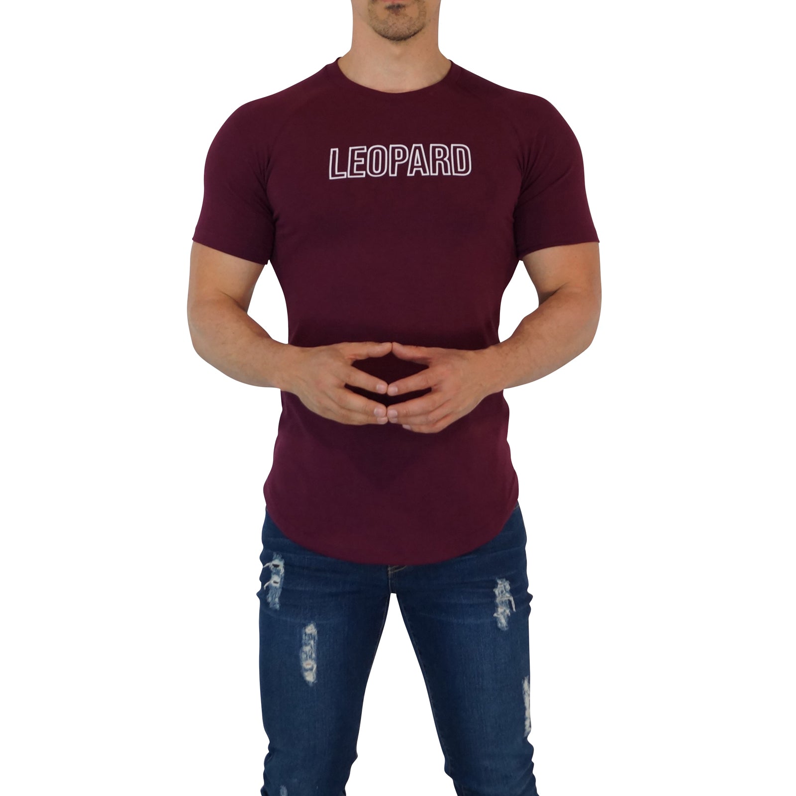 Burgundy Ranglan Short Sleeve T-shirt Leopard Outline White