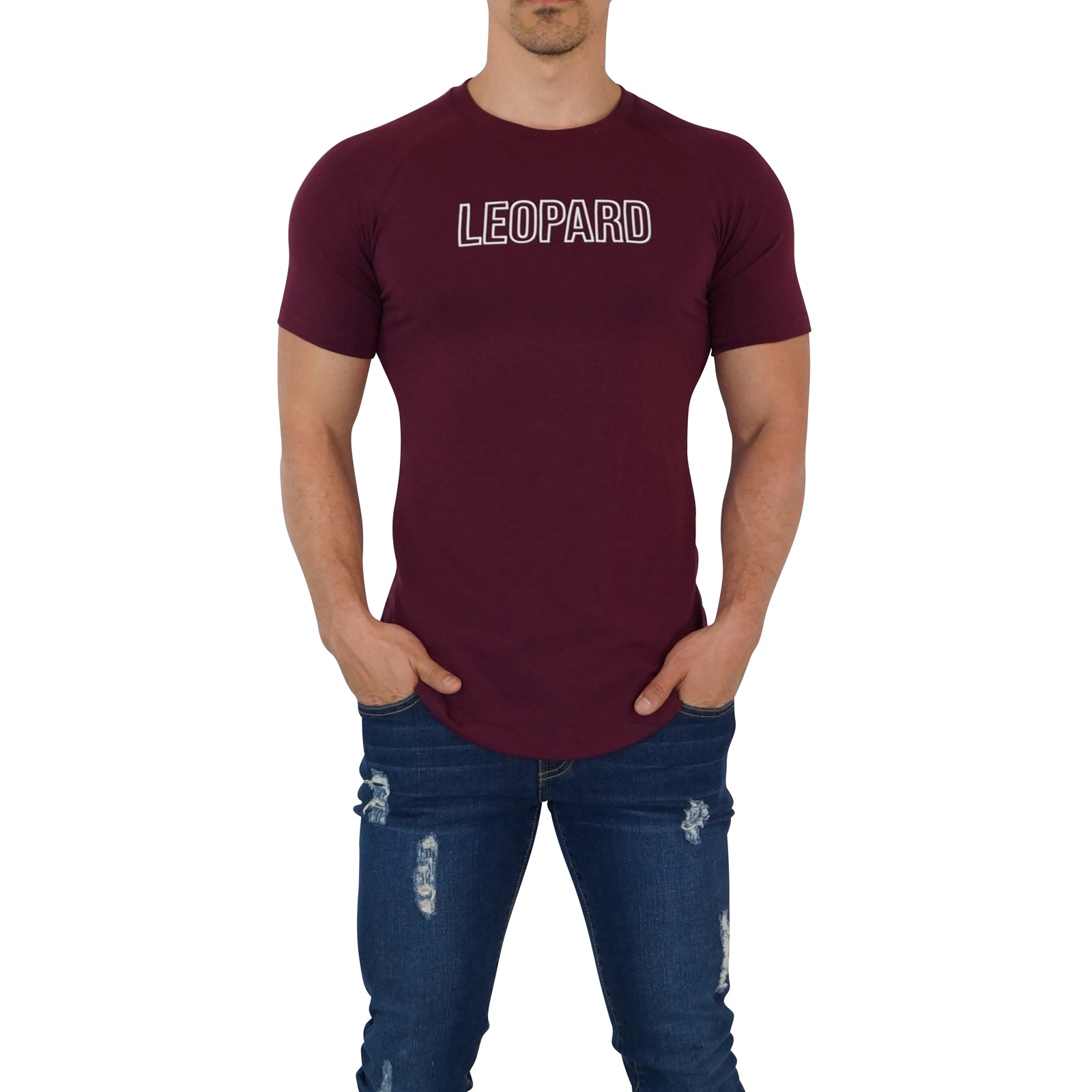 Burgundy Ranglan Short Sleeve T-shirt Leopard Outline White