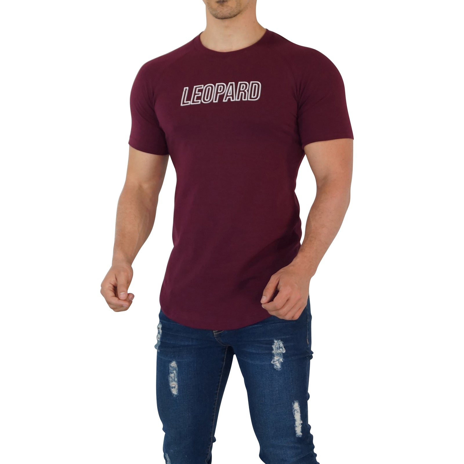 Burgundy Ranglan Short Sleeve T-shirt Leopard Outline White