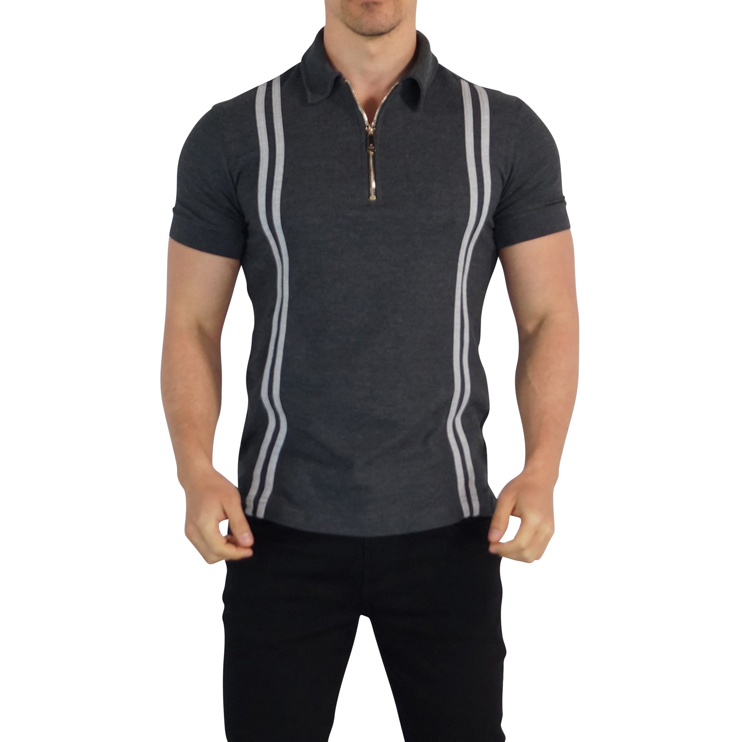 Zipped Polo Short Sleeve Oxford Gray Stripes