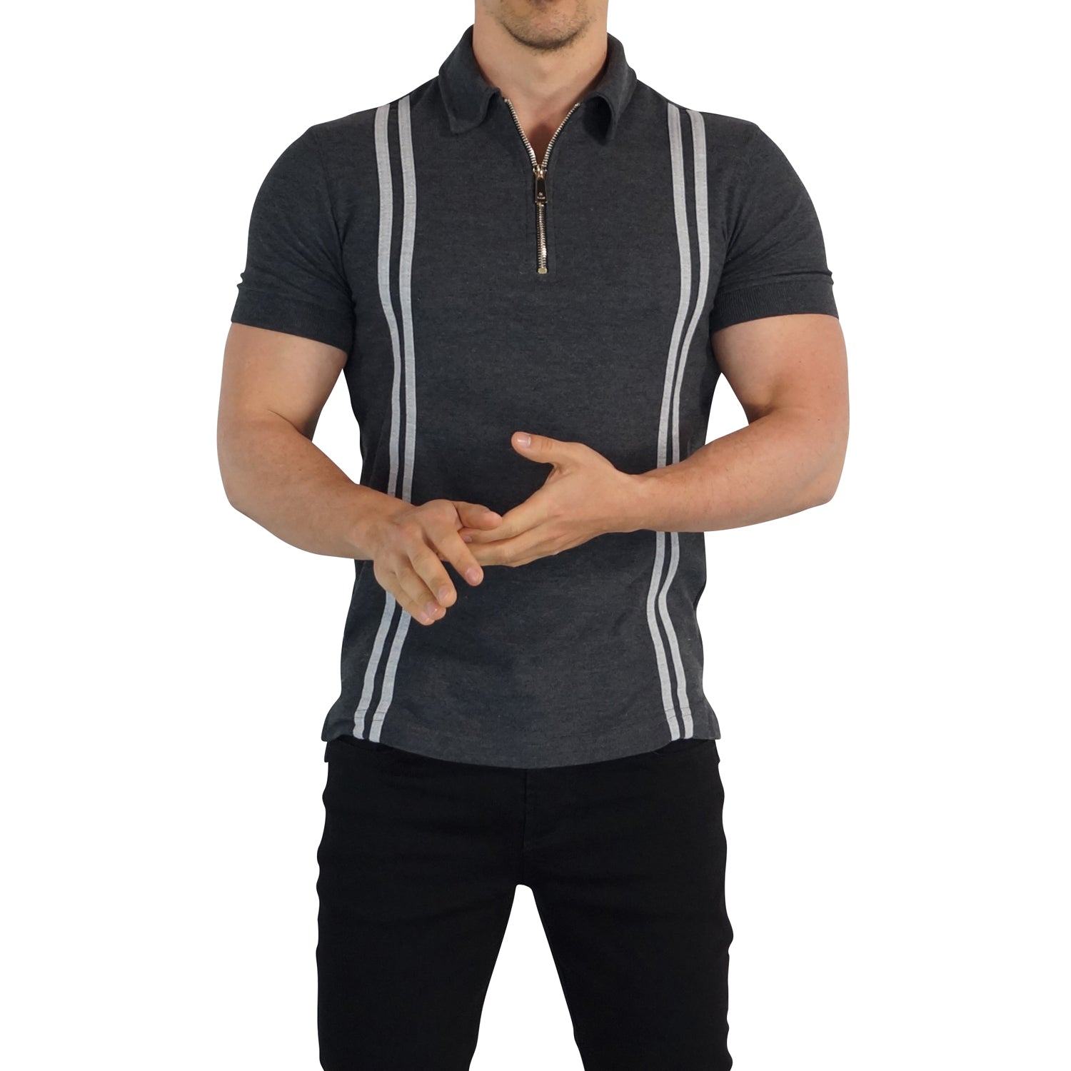 Zipped Polo Short Sleeve Oxford Gray Stripes