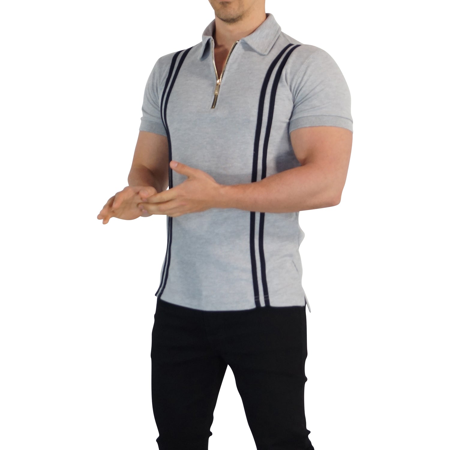 Zipped Polo Manga Corta Jaspe Navy Stripes