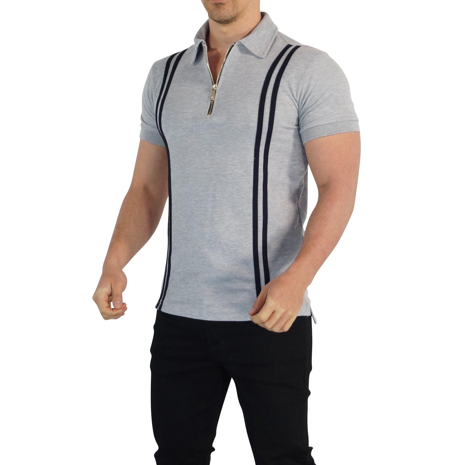 Zipped Polo Manga Corta Jaspe Navy Stripes