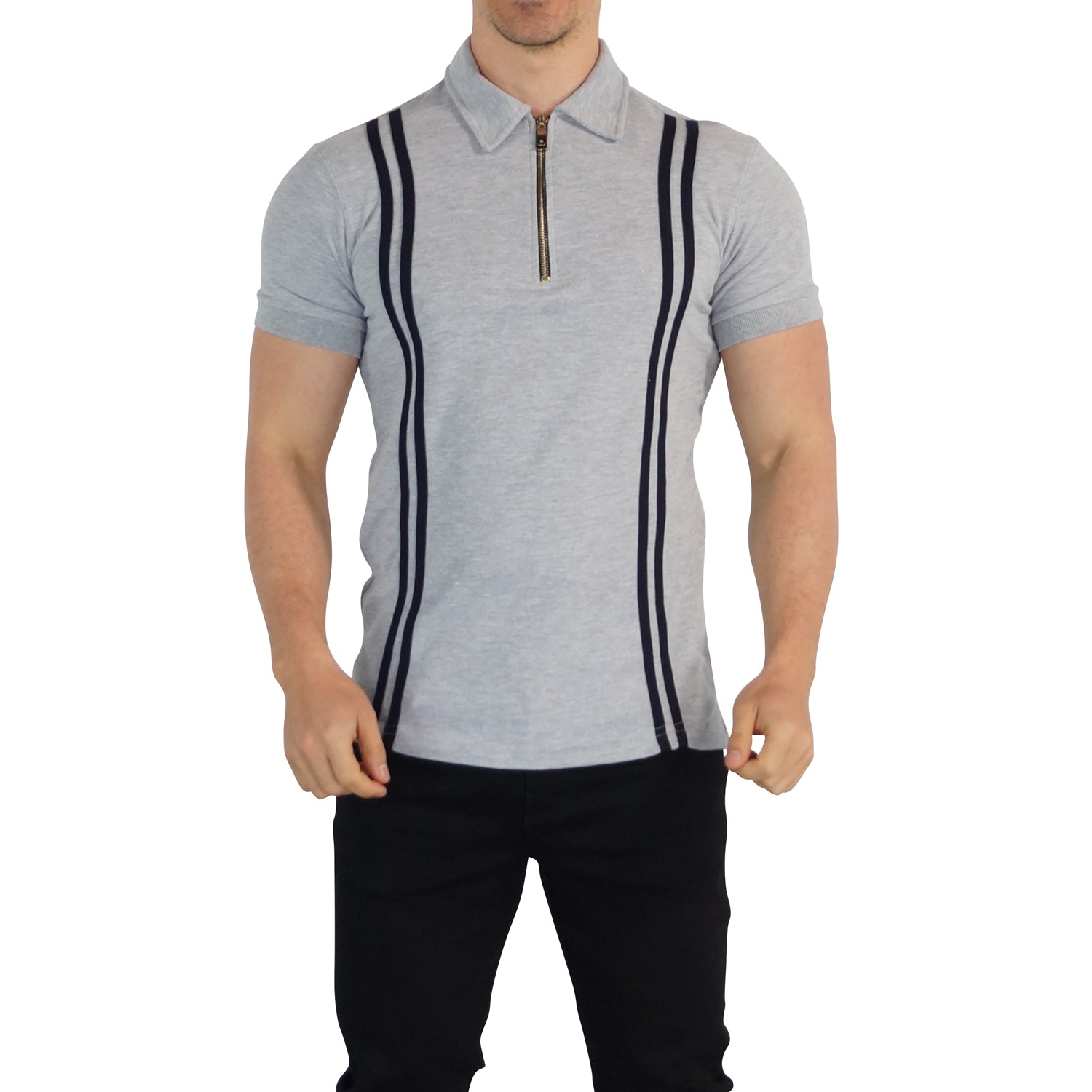 Zipped Polo Manga Corta Jaspe Navy Stripes