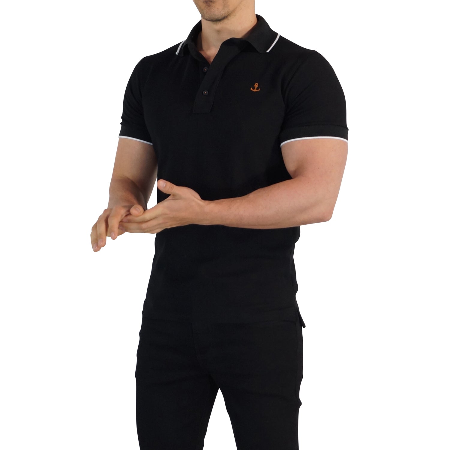 Polo Negro Mangas Negro Filo Blanco Logo Cobre