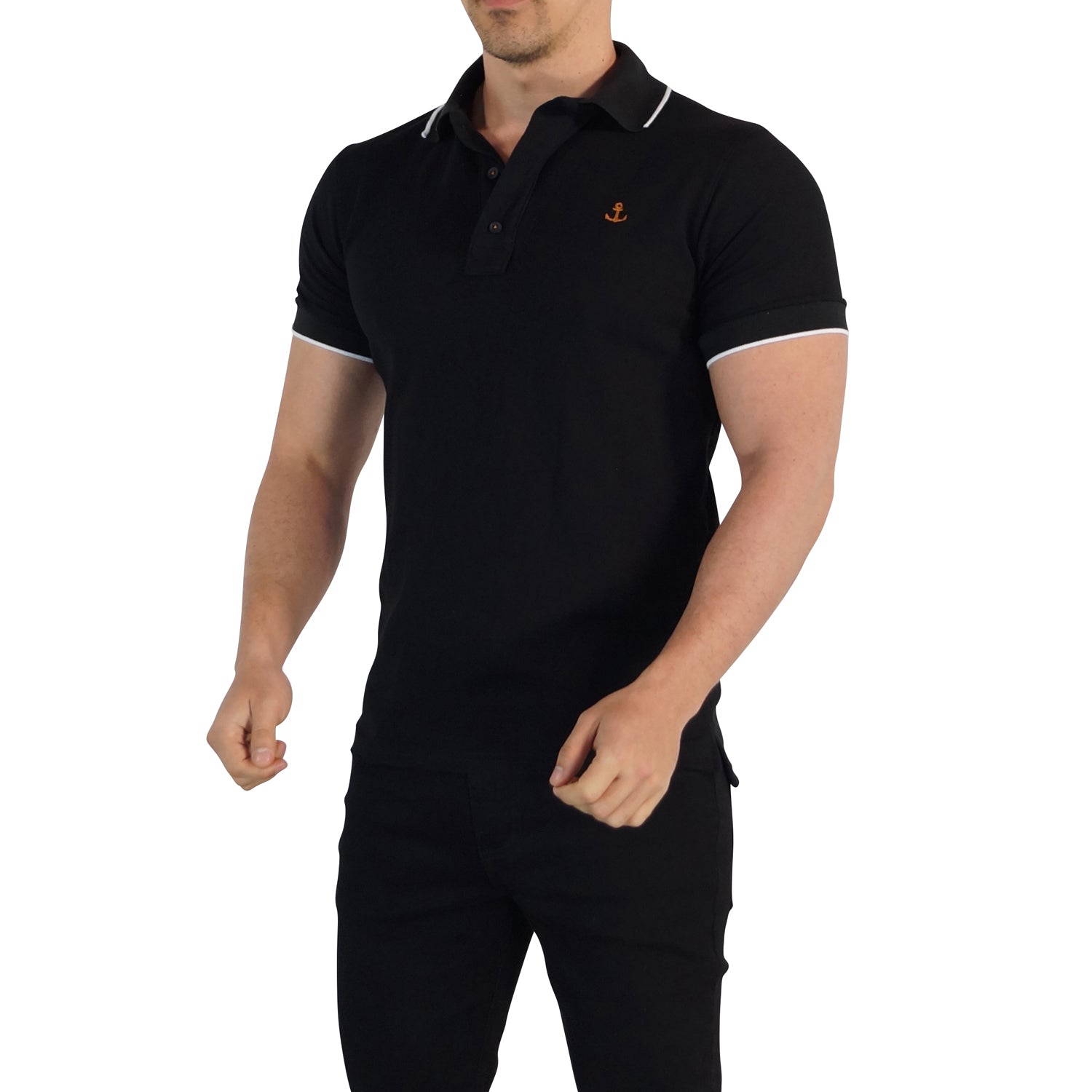 Polo Negro Mangas Negro Filo Blanco Logo Cobre