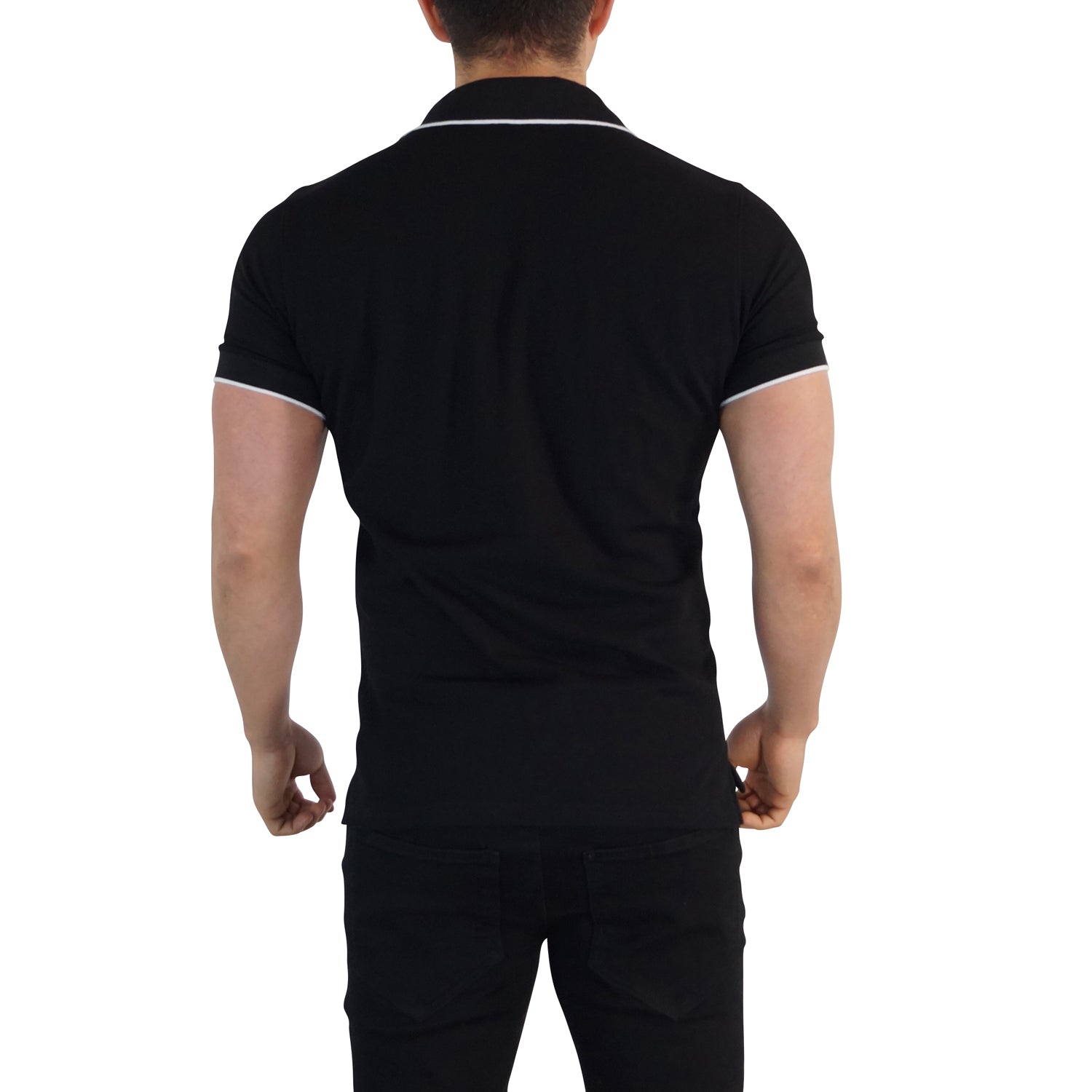 Polo Negro Mangas Negro Filo Blanco Logo Cobre