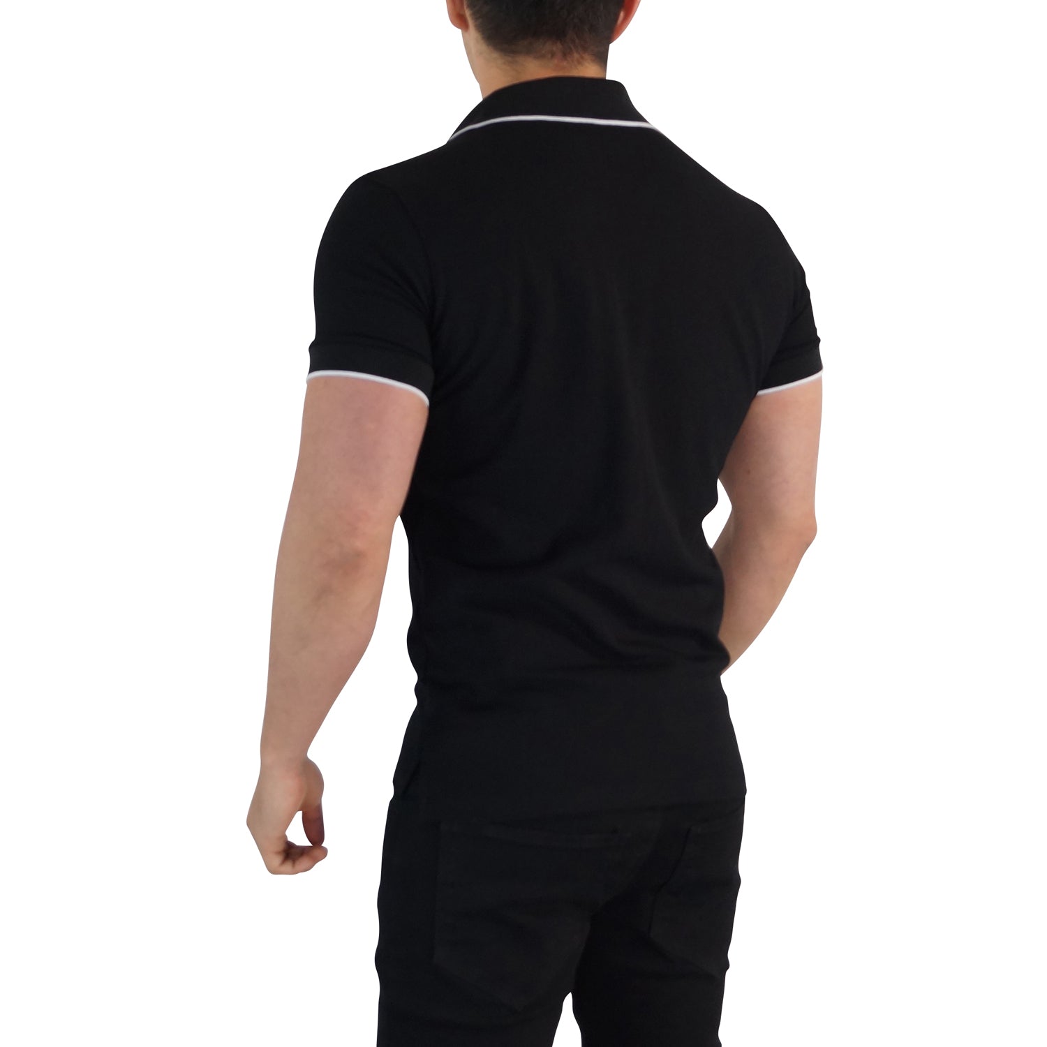 Polo Negro Mangas Negro Filo Blanco Logo Cobre