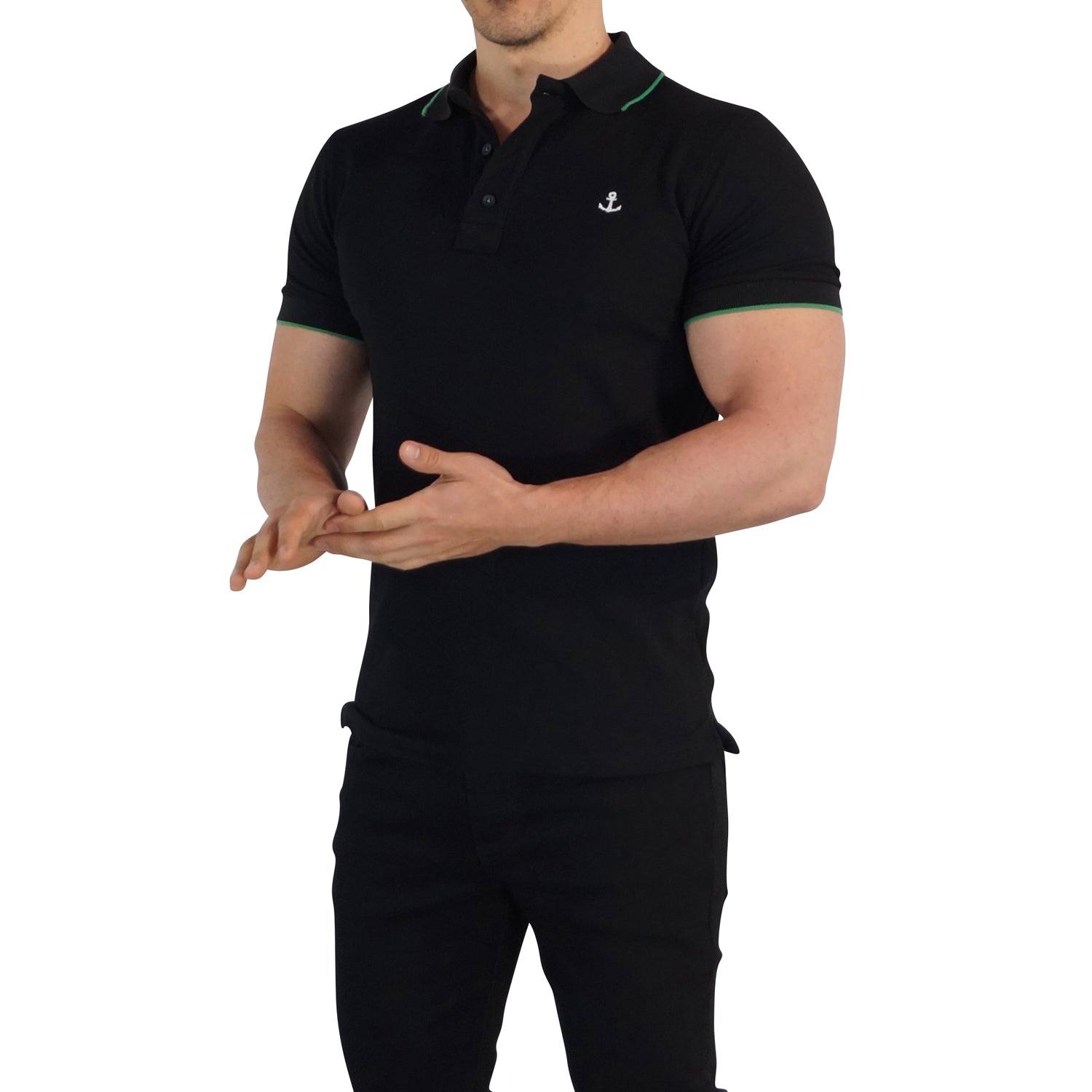Black Polo Black Sleeves White Edge Green Logo