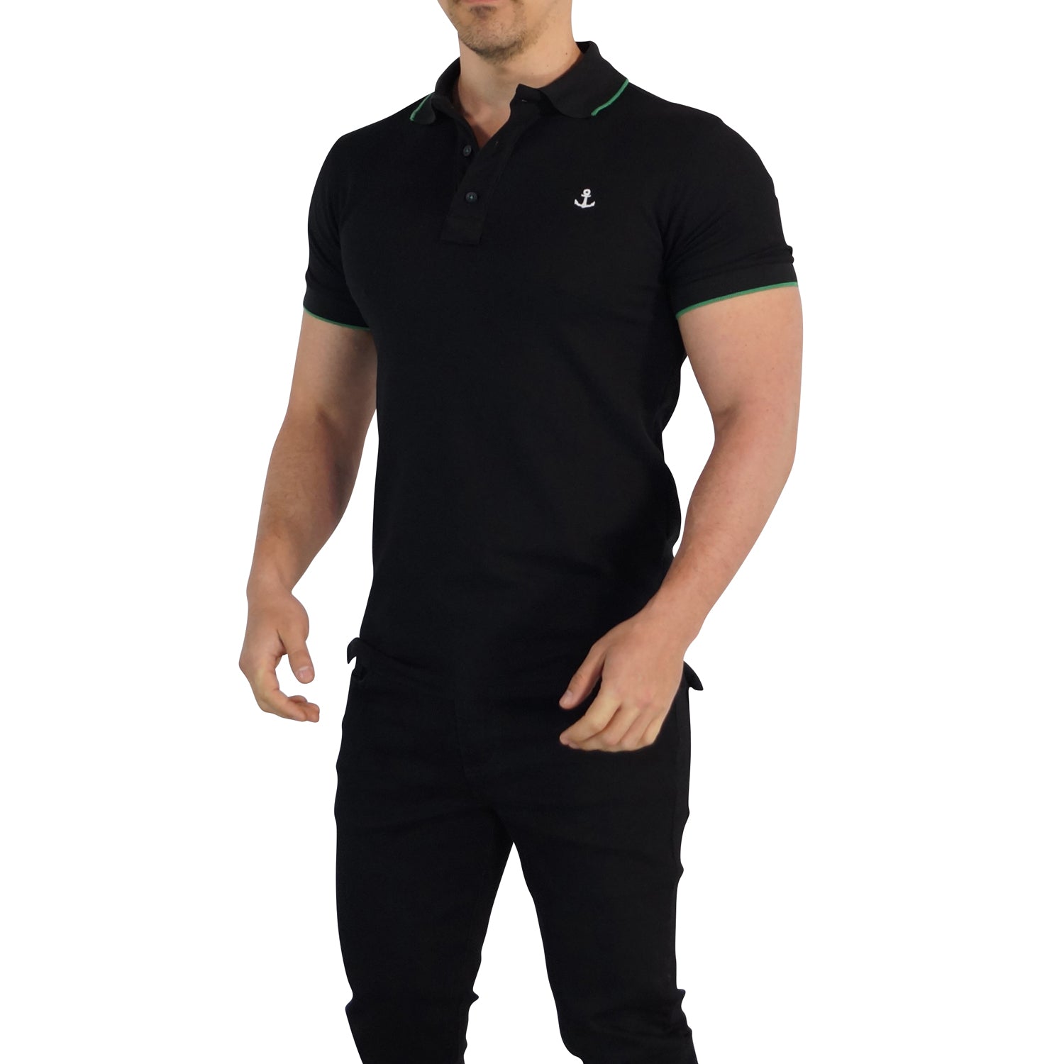 Black Polo Black Sleeves White Edge Green Logo