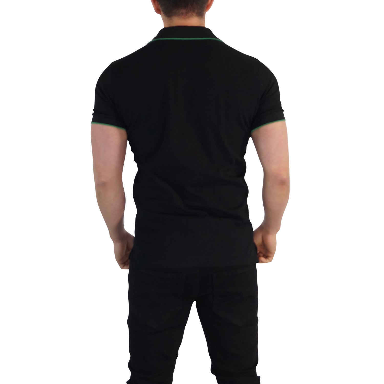 Black Polo Black Sleeves White Edge Green Logo