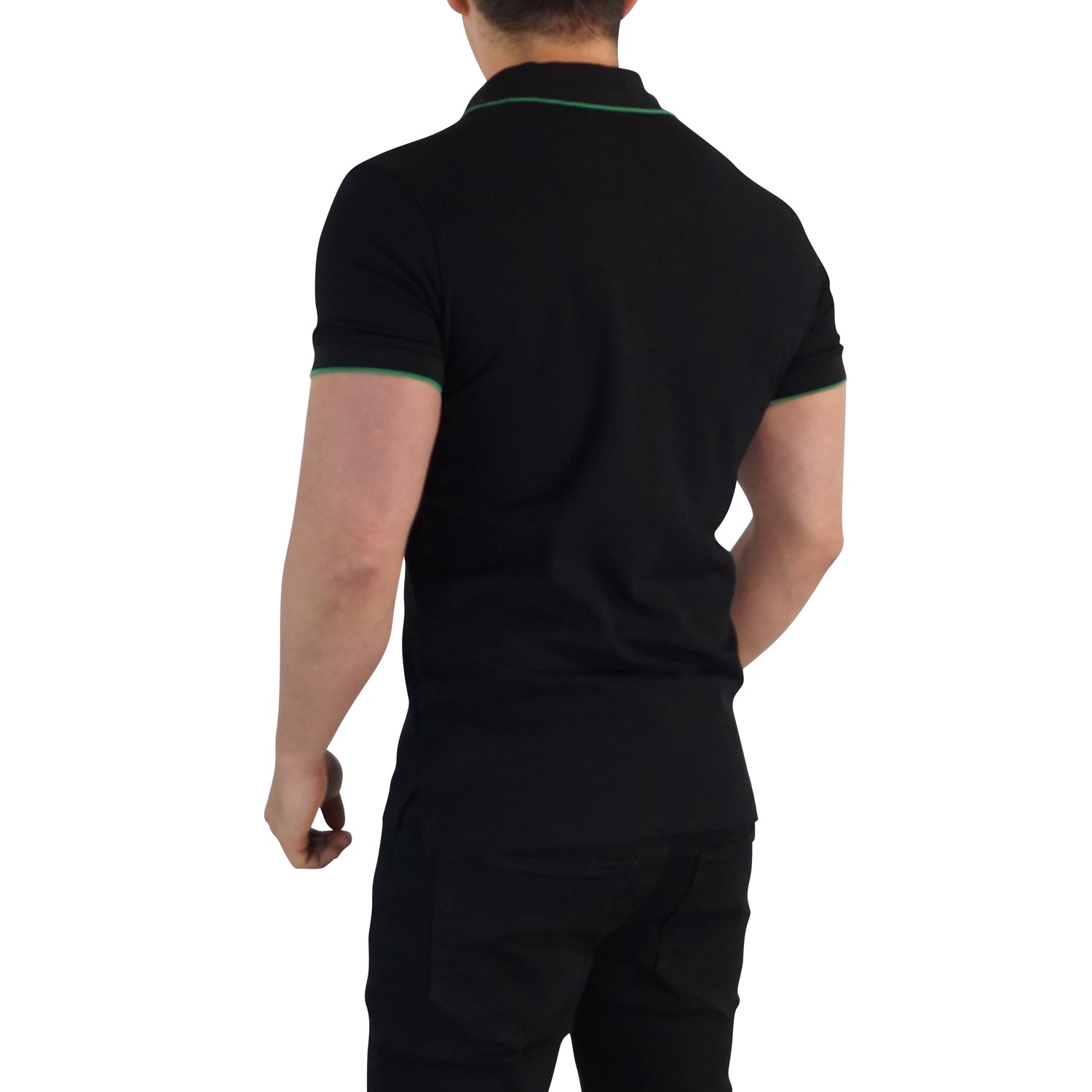 Black Polo Black Sleeves White Edge Green Logo