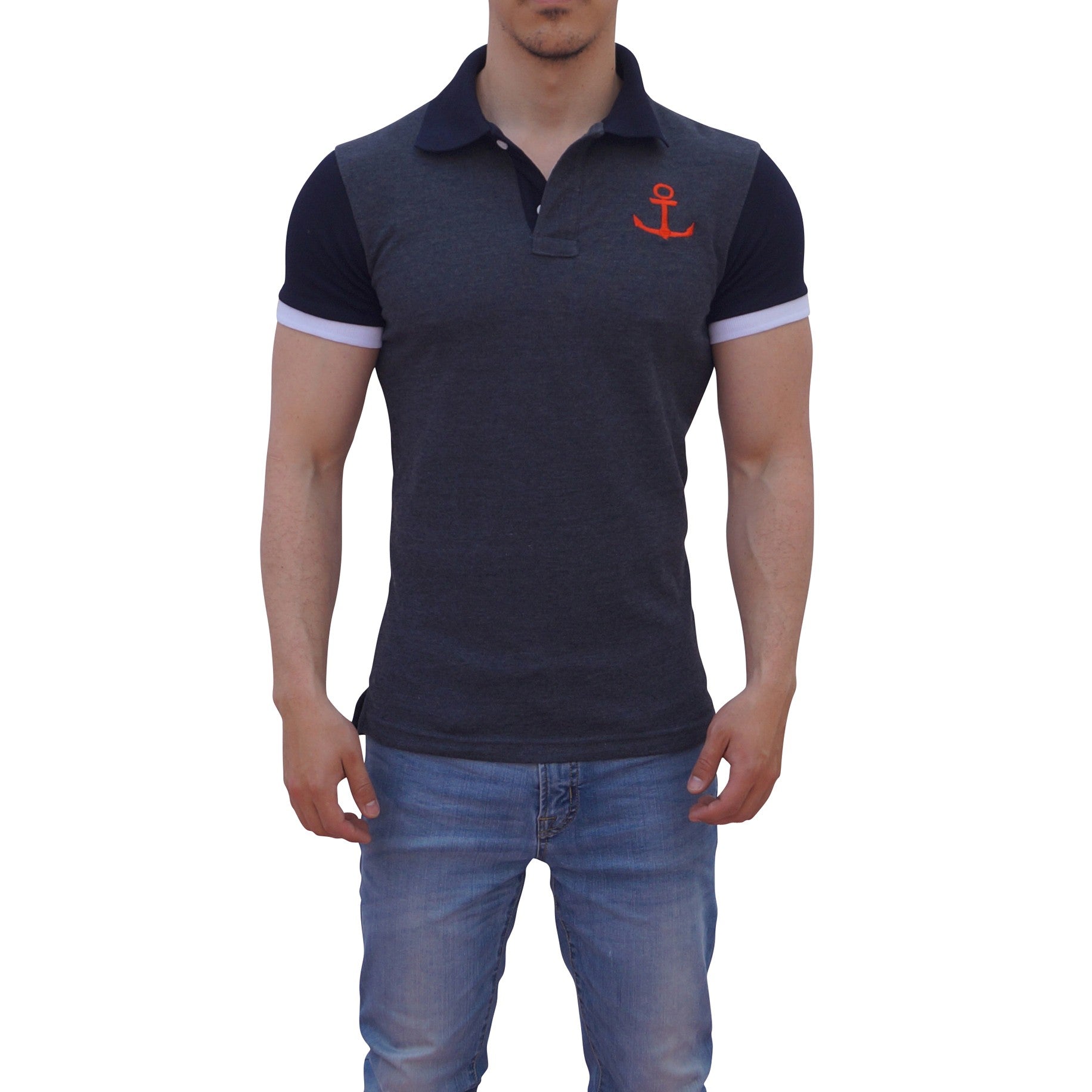 Gray Oxford Polo Navy Sleeves Red Logo