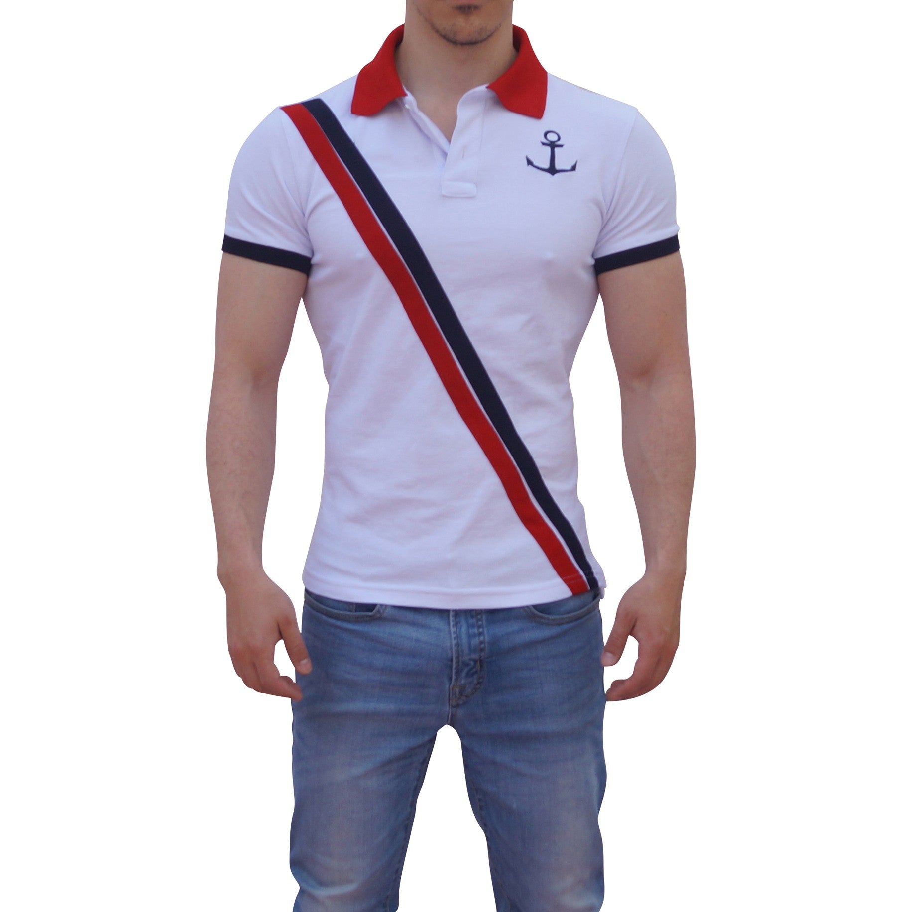 Polo Blanca Mangas Blanco Franjas Logo Marino