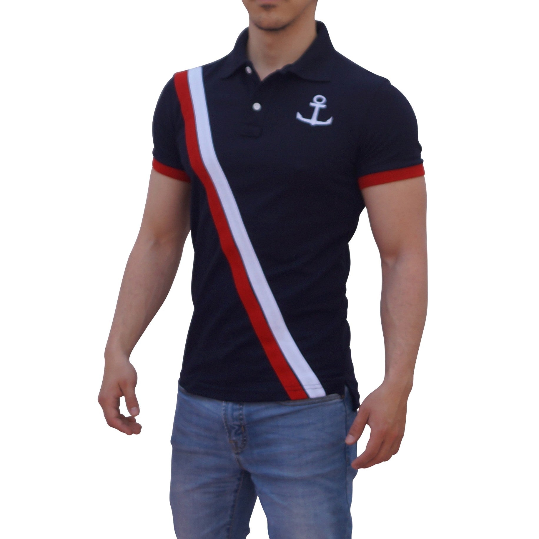Polo Marino Mangas Marino Franjas Logo Blanco