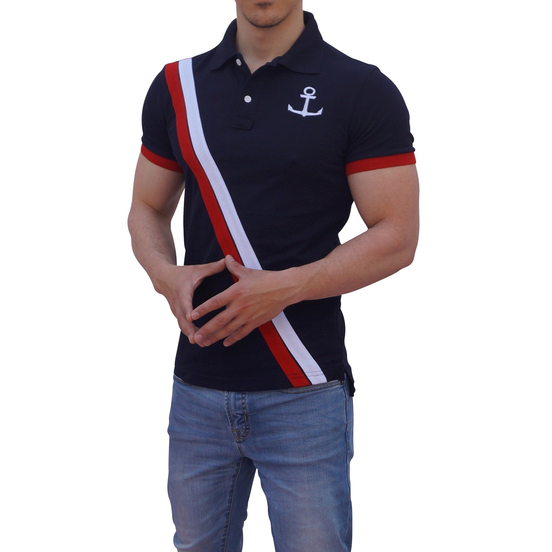 Polo Marino Mangas Marino Franjas Logo Blanco