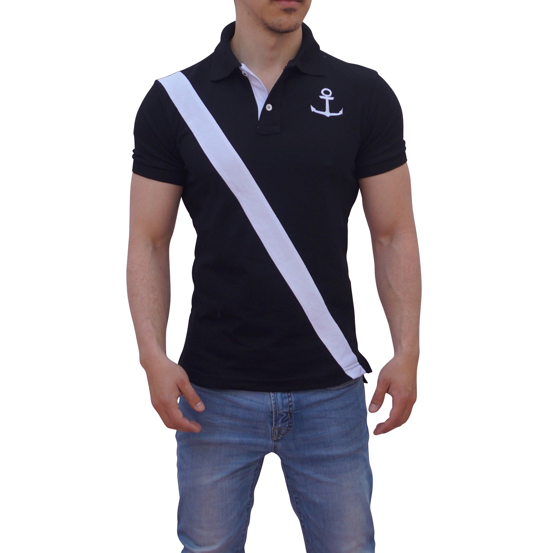 Black Polo Black Sleeves White Logo Stripes