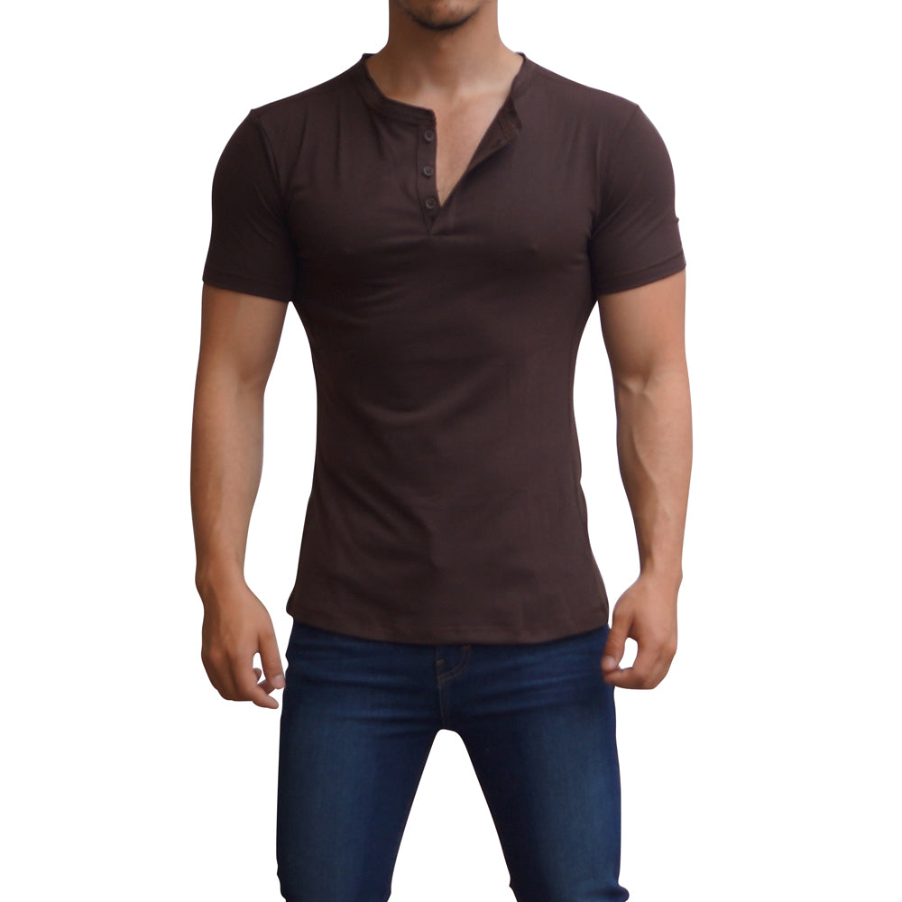 Playera Henley Manga Corta Café