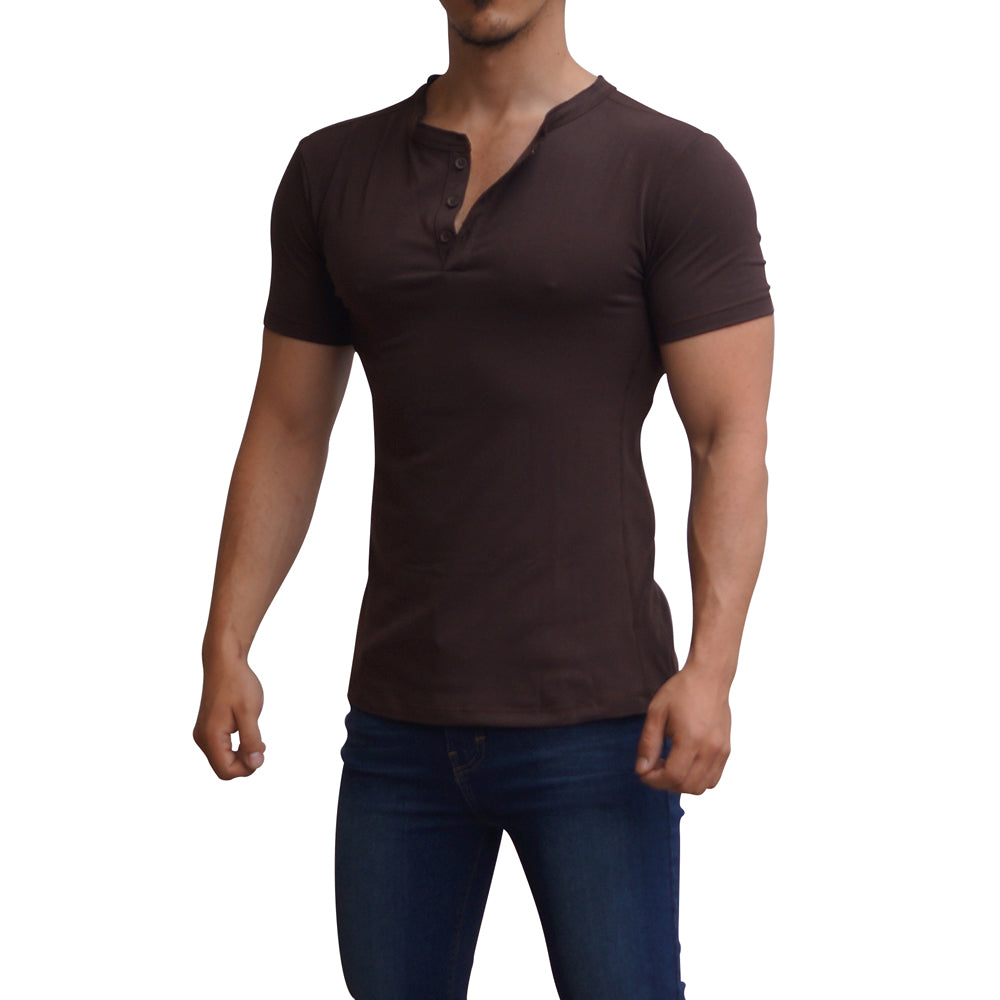 Playera Henley Manga Corta Café