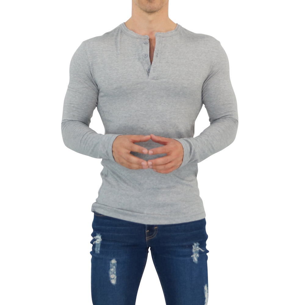 Playera Henley Manga Larga Gris Claro