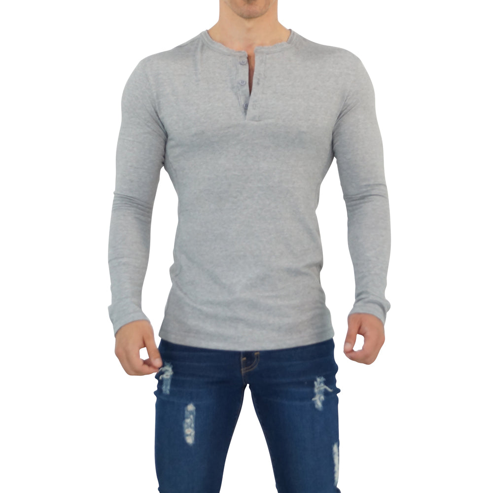 Playera Henley Manga Larga Gris Claro