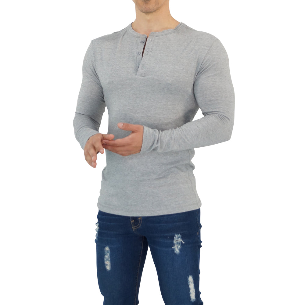 Playera Henley Manga Larga Gris Claro