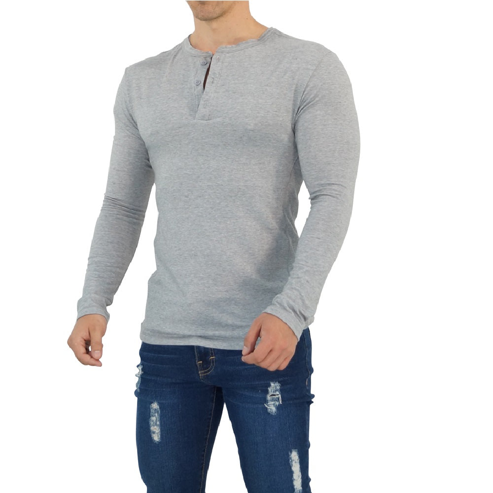 Playera Henley Manga Larga Gris Claro