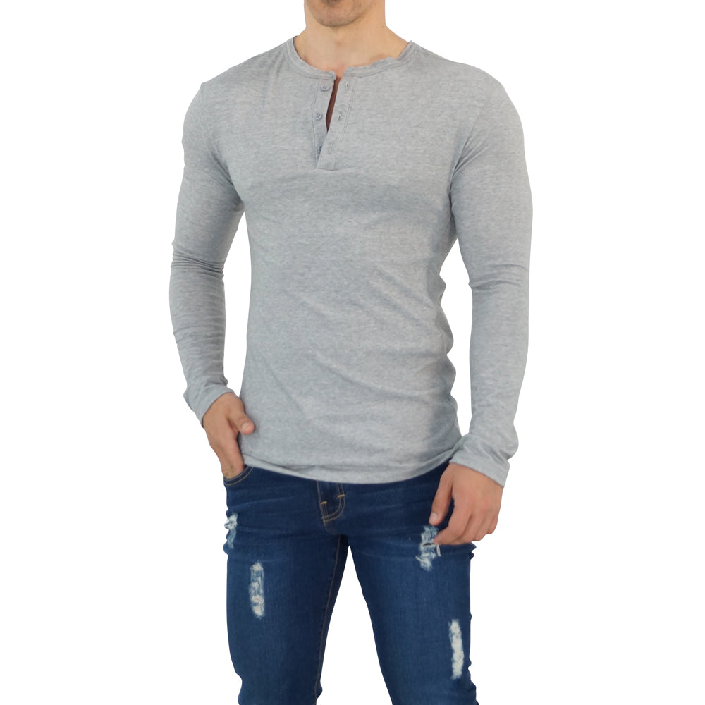 Playera Henley Manga Larga Gris Claro