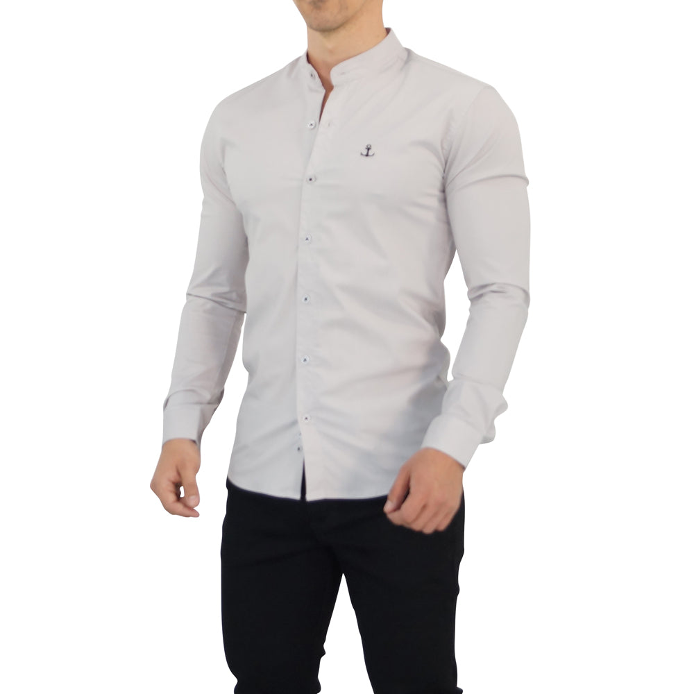 Gray Mandarin Collar Long Sleeve Slim Fit Gray Shirt