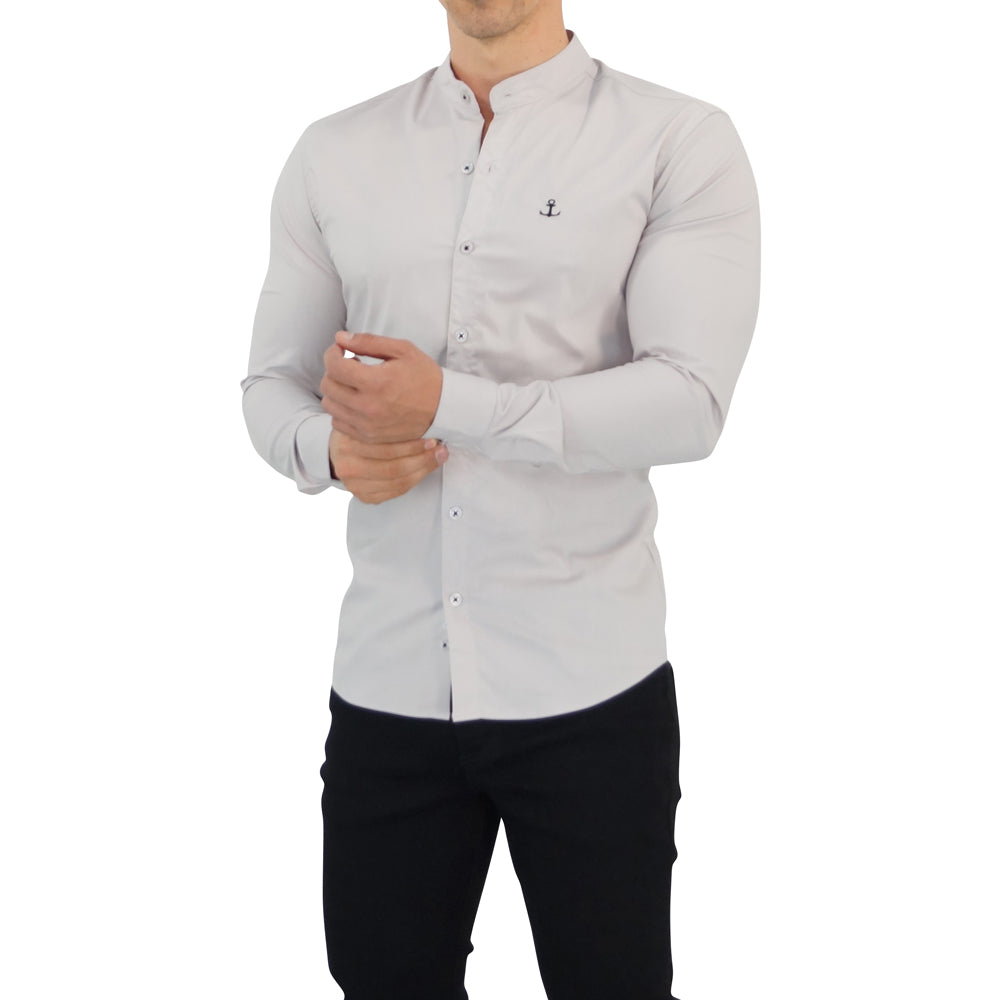 Gray Mandarin Collar Long Sleeve Slim Fit Gray Shirt