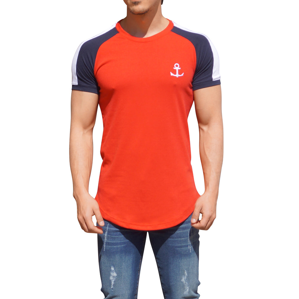 Playera Ranglan Roja Manga Corta Franja Blanca