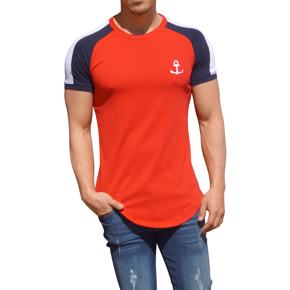 Playera Ranglan Roja Manga Corta Franja Blanca