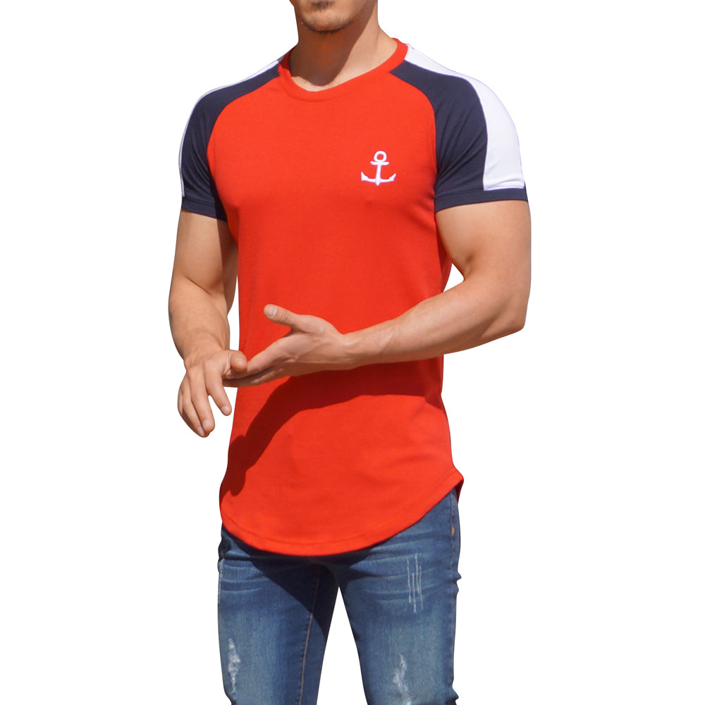 Playera Ranglan Roja Manga Corta Franja Blanca