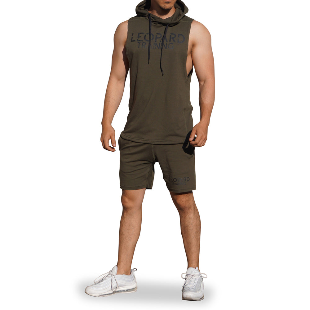 Gym Sleeveless Hoodie Military Green Logo Stripes Black