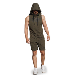 Gym Sleeveless Hoodie Military Green Logo Stripes Black