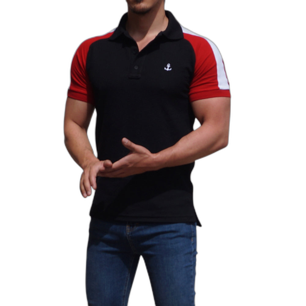 Polo Ranglan Negra Mangas Rojo Logo Blanco