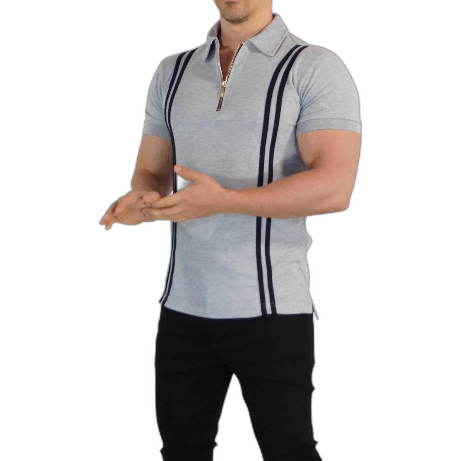 Zipped Polo Manga Corta Jaspe Navy Stripes