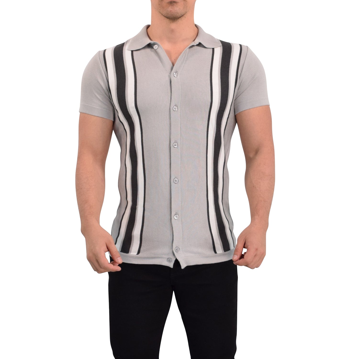 Retro Knitted Shirt Gray Black Stripe