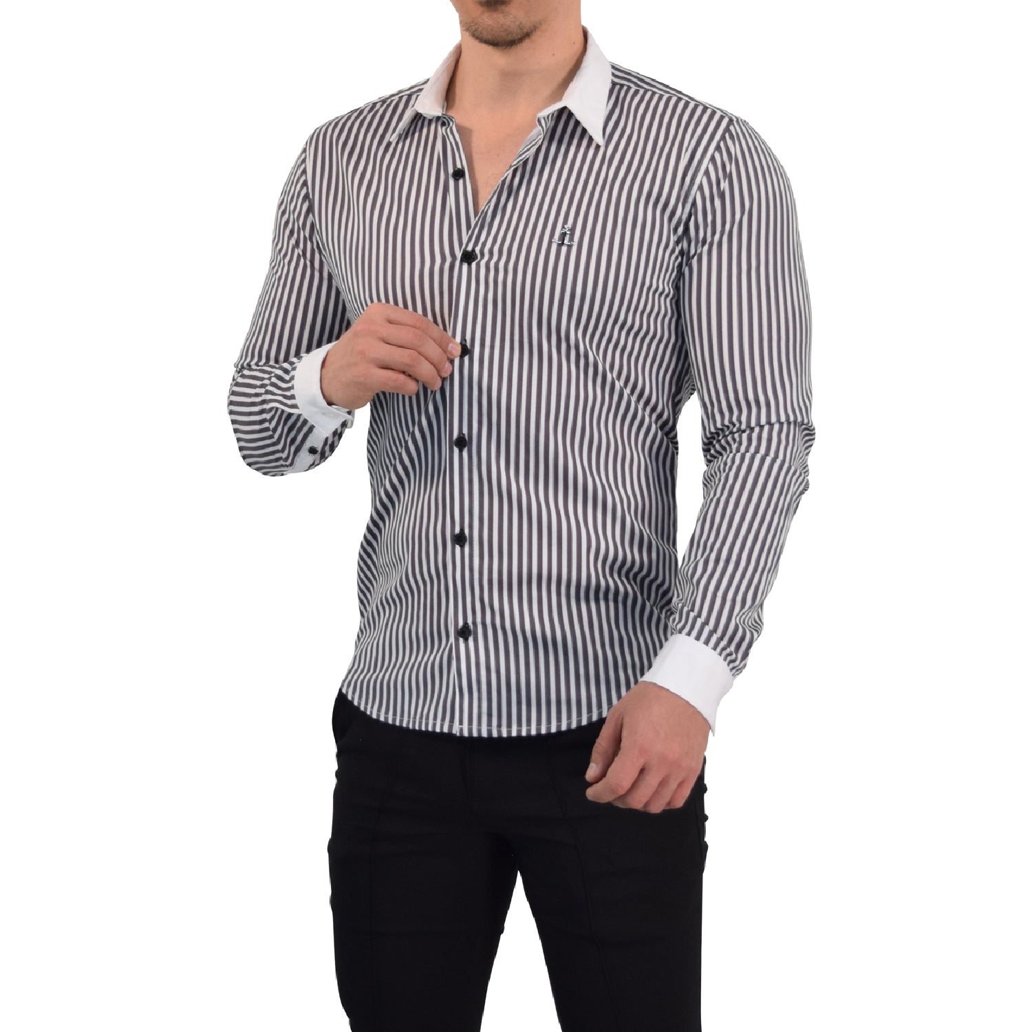 Camisa Slim White Collar Stripe Shirt Black