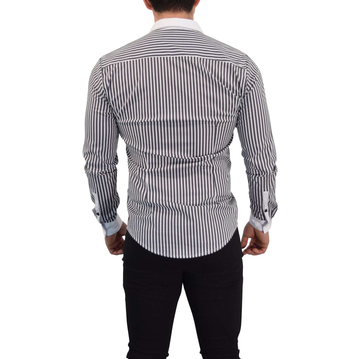 Camisa Slim White Collar Stripe Shirt Black