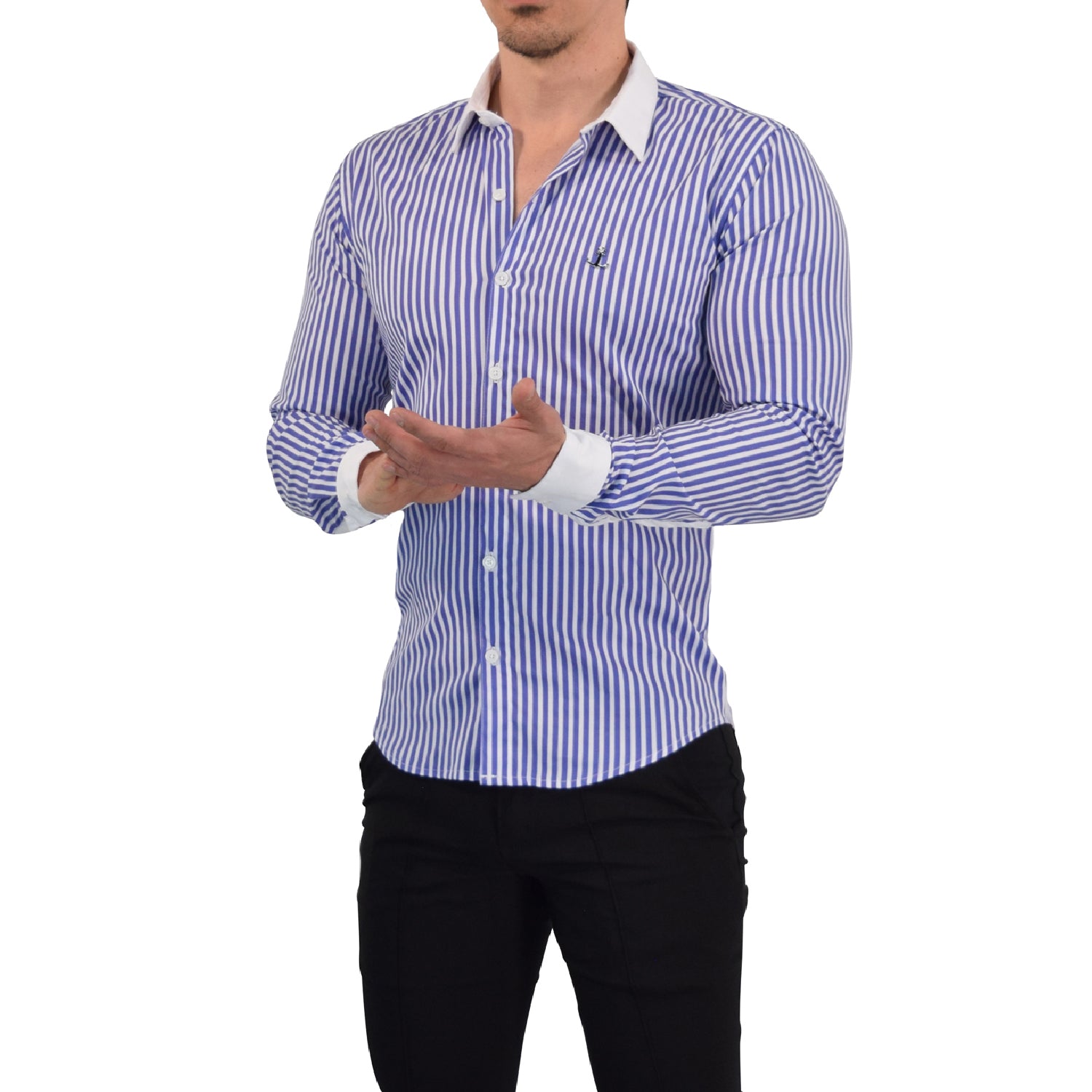 Camisa Slim White Collar Stripe Shirt Royal