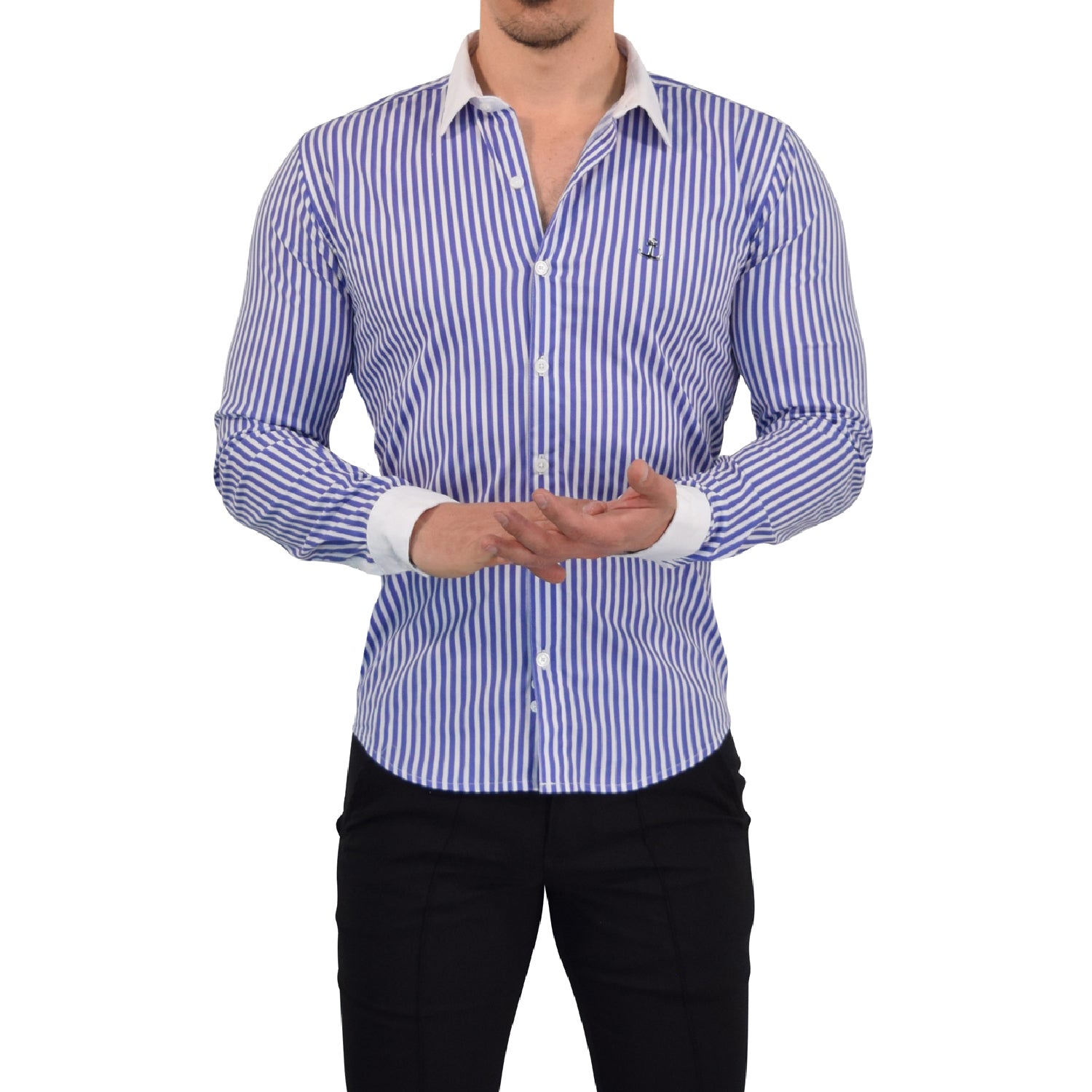 Camisa Slim White Collar Stripe Shirt Royal