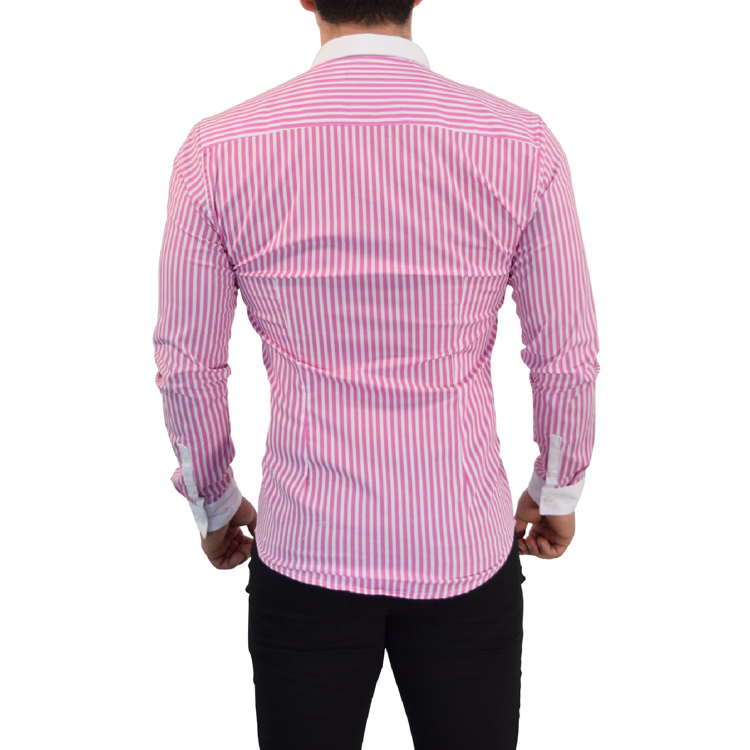 Camisa Slim White Collar Stripe Shirt Rosa