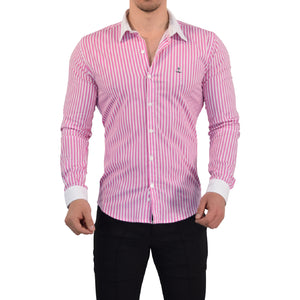 Camisa Slim White Collar Stripe Shirt Rosé