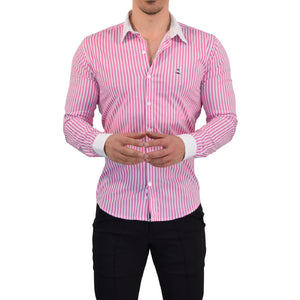 Camisa Slim White Collar Stripe Shirt Rosa