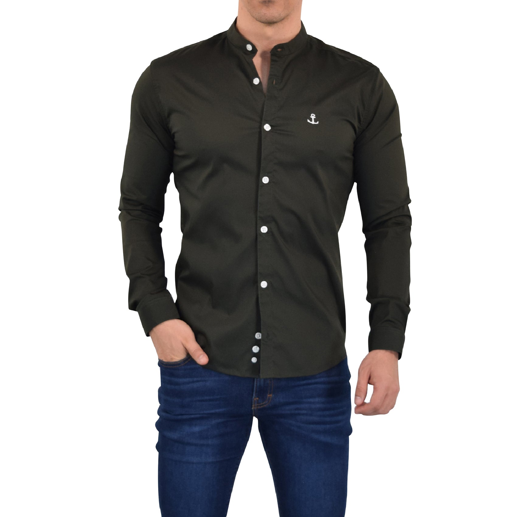 Camisa Olivo Cuello Mao Manga Larga Logo Blanco