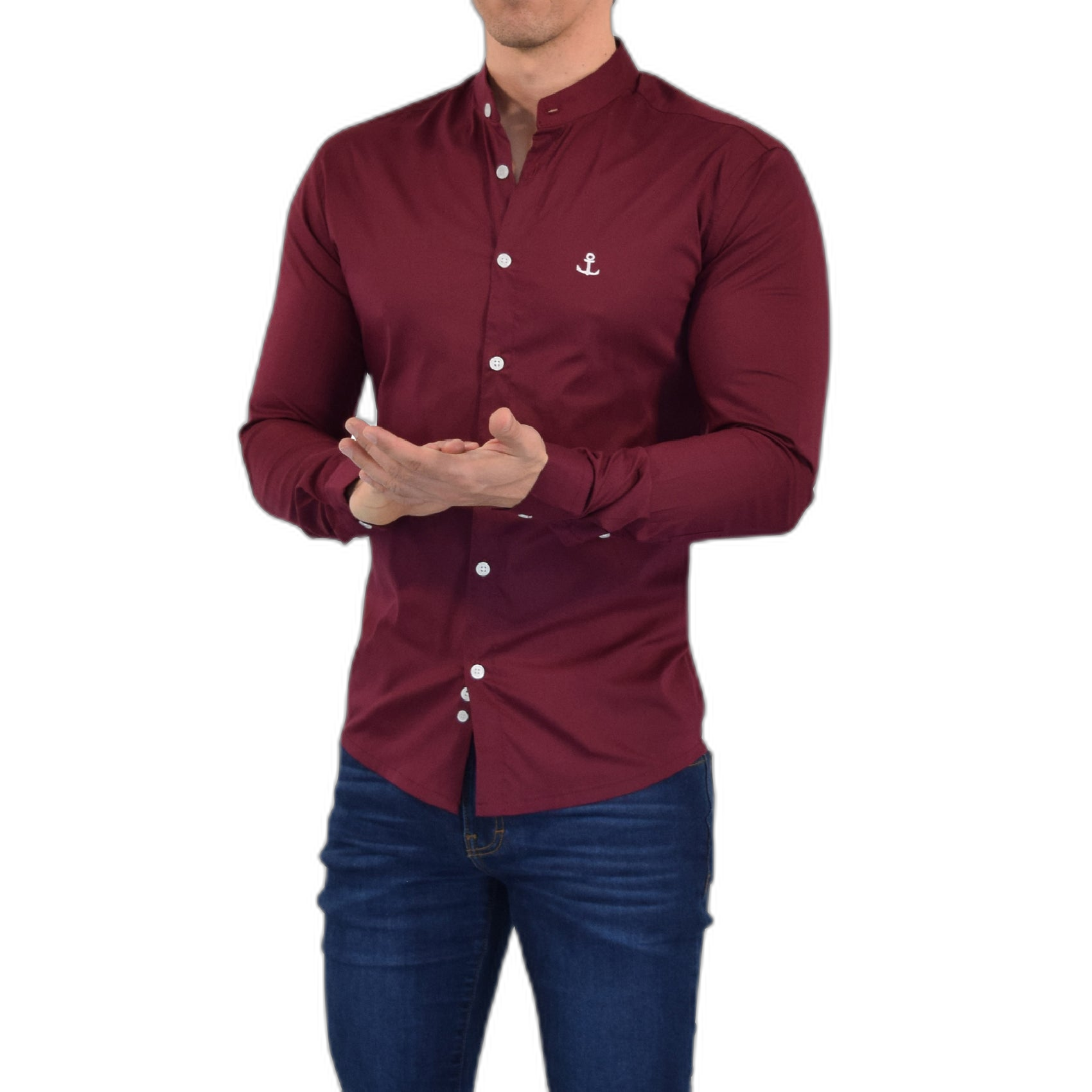 Camisa Vino Cuello Mao Manga Larga Logo Blanco