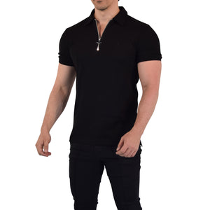 Zipped Short Sleeve Polo Full Black