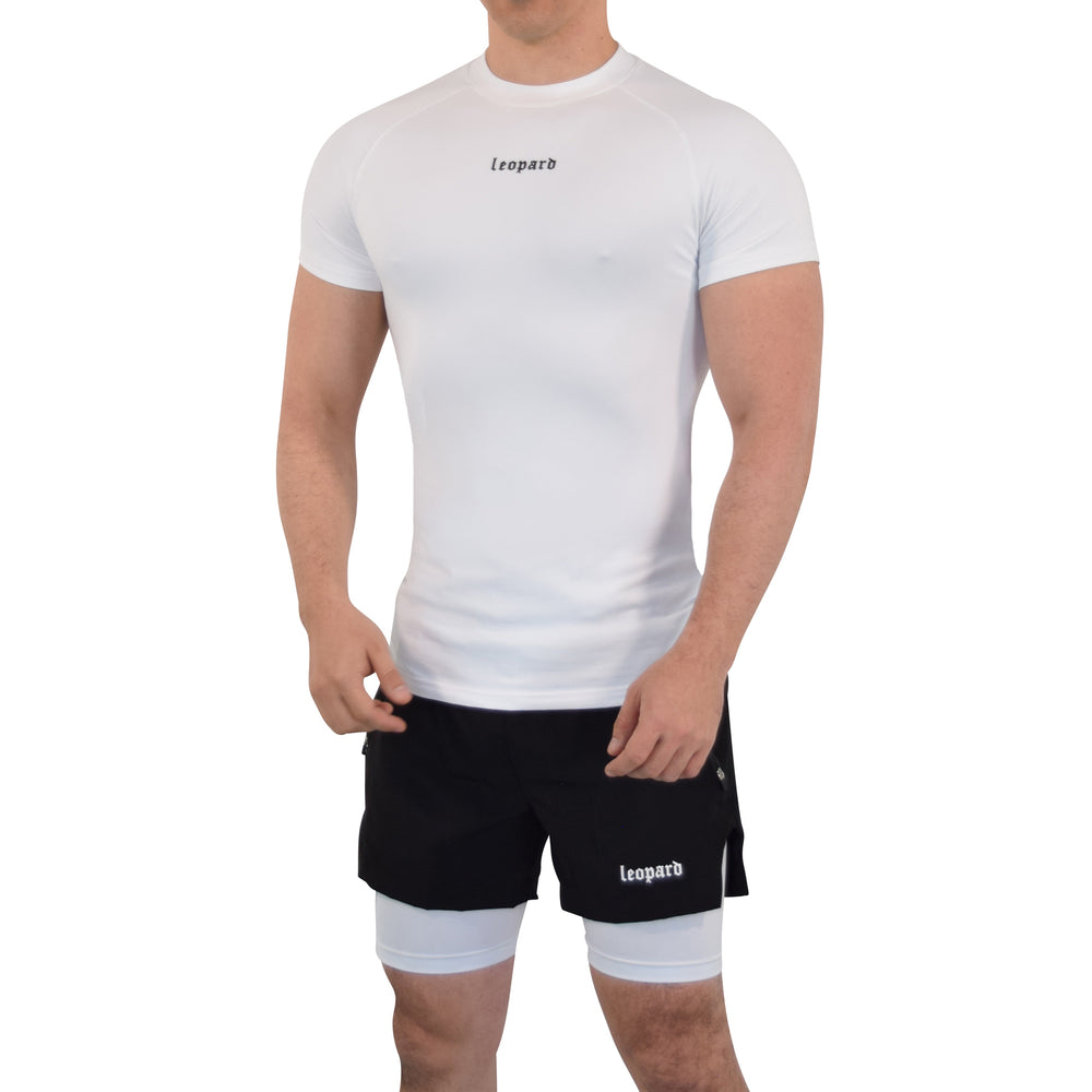 John Leopard -Speed Compression T-Shirt Snow White Logo Black