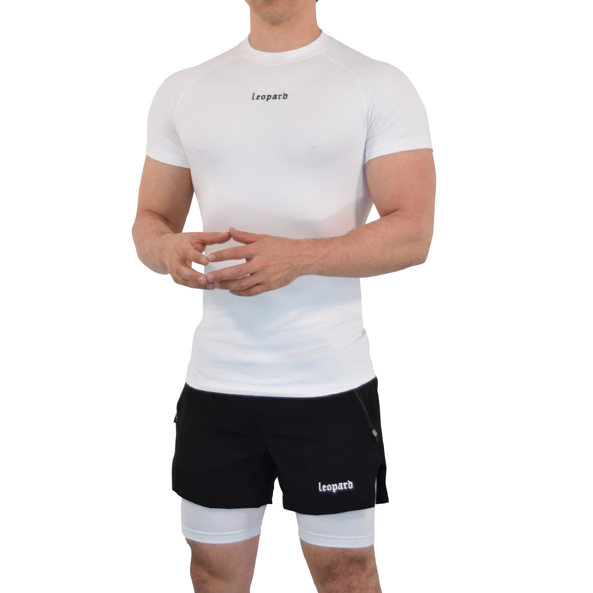 John Leopard -Speed Compression T-Shirt Snow White Logo Black